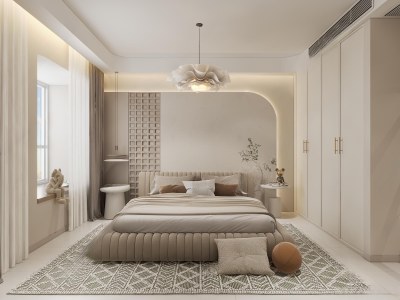 现代奶油风卧室3D模型下载